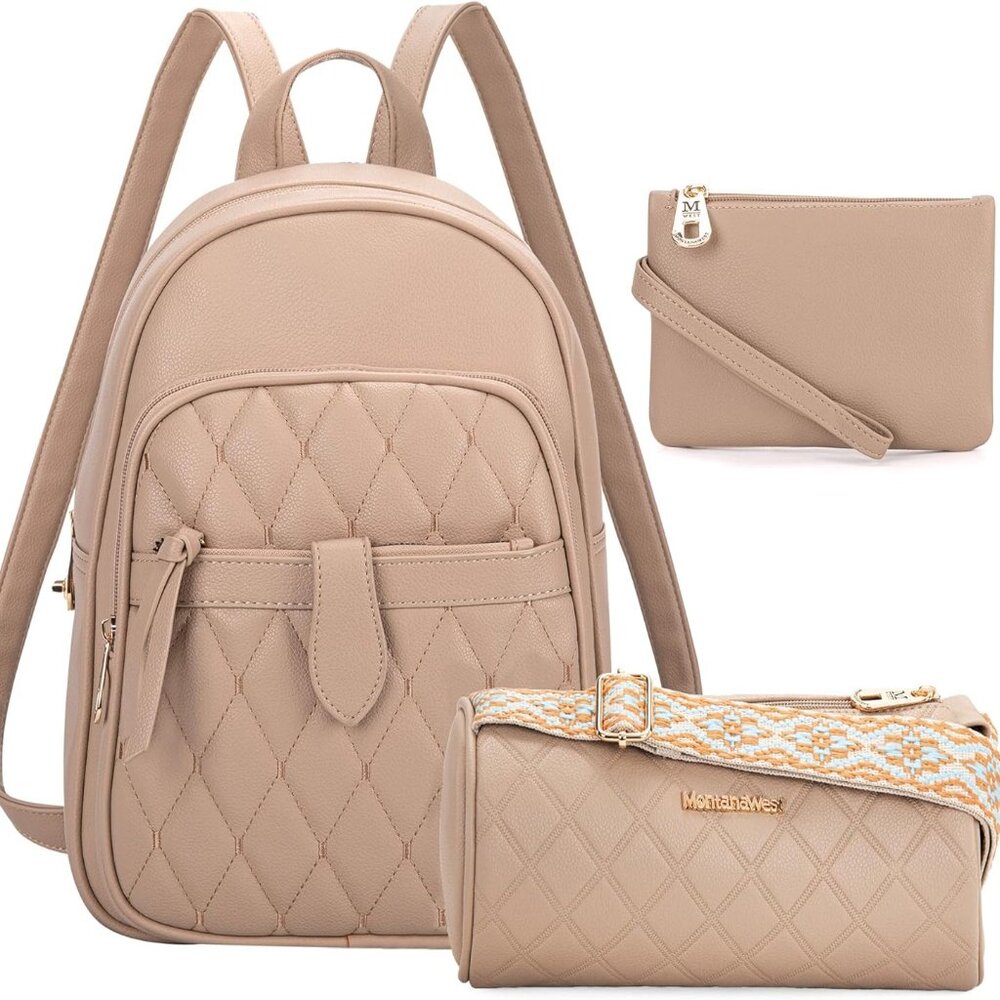 Montana West Anti Theft Backpack Purse Small Quilted Backpack 3 Piece Set